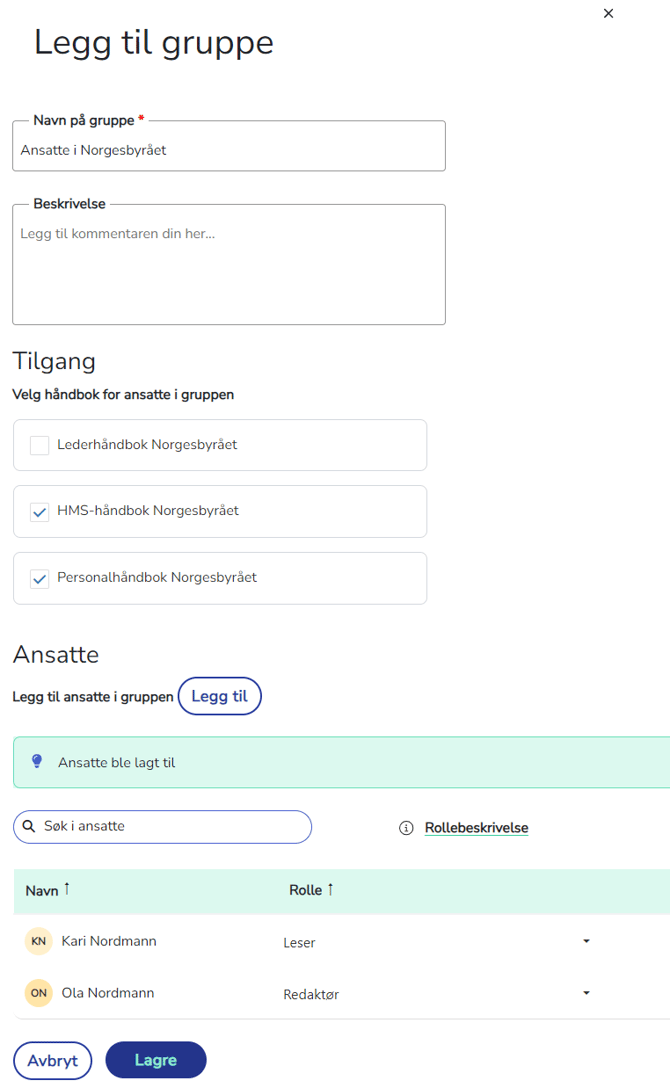 legg til gruppe ansatte